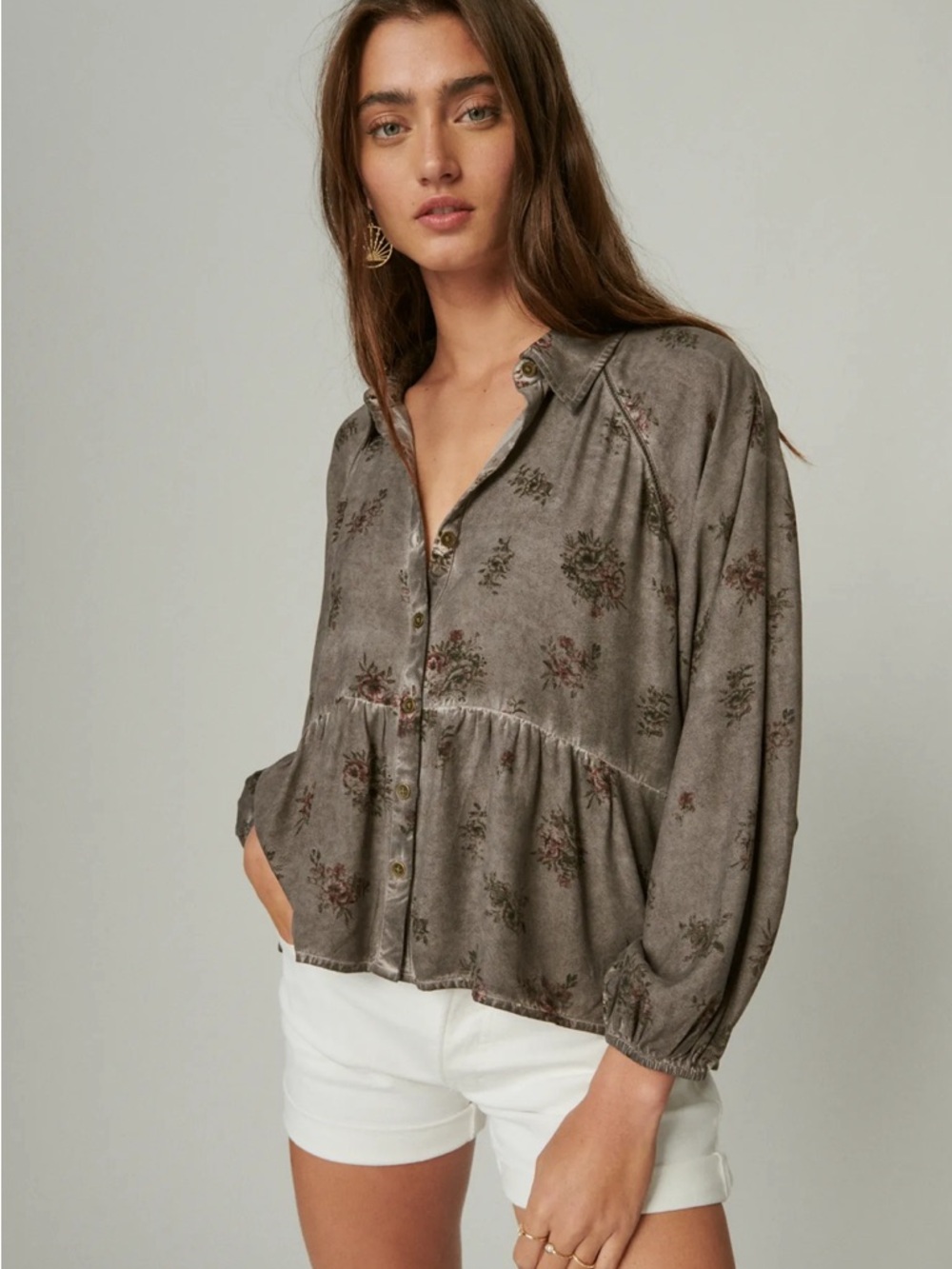 Lucky Brand Floral Gray 100% Viscose Button-Front Peplum Top XS - Picture 1 of 7